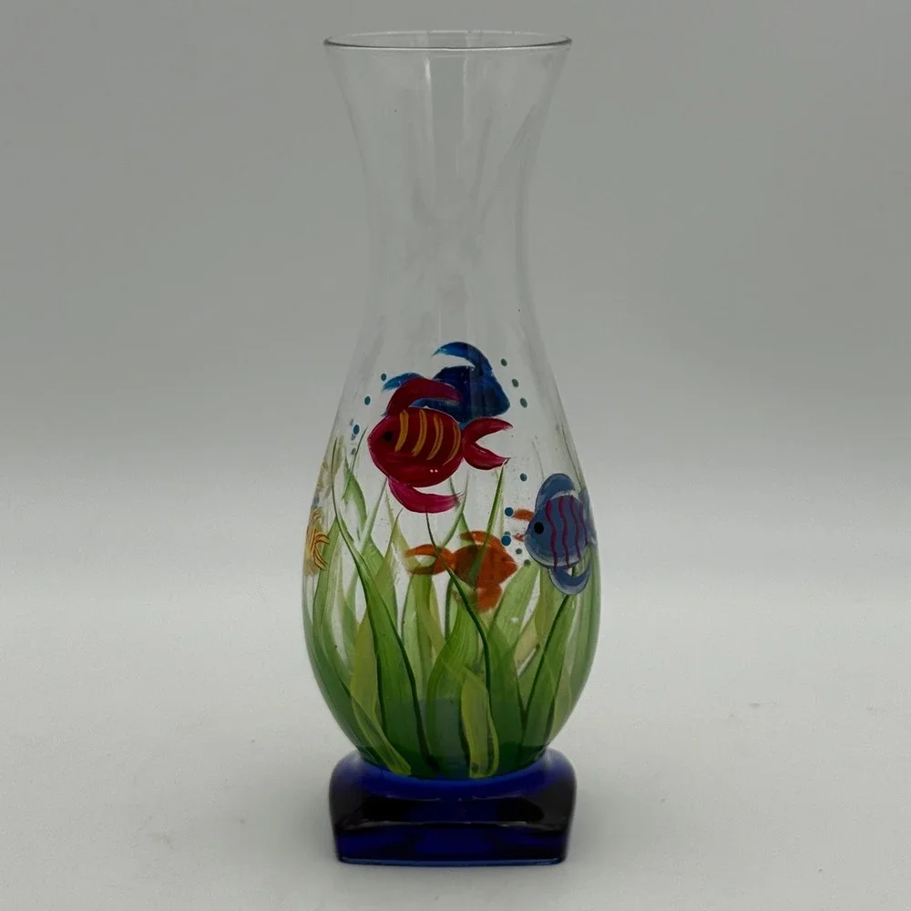 Hand Painted Tropical Fish Glass Vase Coastal Underwater Scene Blue Base 7.5